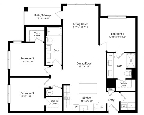Floor plan for 3 beds, 2 baths, 1348 sqft